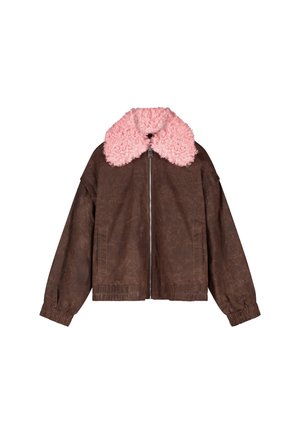 Brown zip-up jacket with elastic cuffs and large fluffy pink collar made of soft textured material.