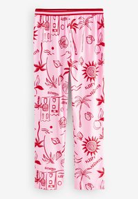 Pink pajama pants with red tropical prints, including palm trees, shells, and sun motifs. Features an elastic waistband with a red accent.