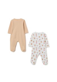 Due tute da neonato: una beige uniforme e l'altra azzurra chiara con un motivo di palloncini colorati. Entrambe hanno maniche lunghe e un design con piedi.
