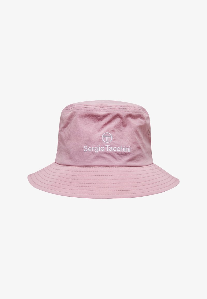 Chapeau seau rose clair avec bord cousu et logo brodé blanc "Sergio Tacchini" ainsi que le texte sur le devant.