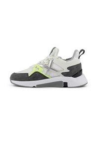 Sneaker featuring a mesh and suede upper in white, gray, and black with neon green accents, a chunky sole, and a textured outsole.