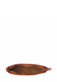 Borsa in pelle marrone di forma rettangolare con chiusura a zip. Interno foderato in tessuto beige, con sottili dettagli di cucitura.