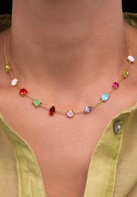 Collana con catena d'oro e dodici pietre preziose colorate di varie forme, indossata intorno al collo sopra il colletto di una camicia verde chiaro.