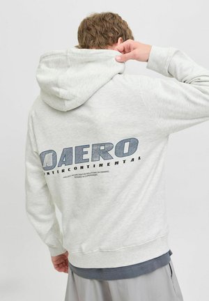 Light gray hoodie with a front pocket and a large graphic print on the back in blue. Made of soft, textured fabric, featuring a drawstring hood.