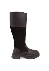 Kniehoge laarzen met een gladde donkerbruine leren bovenkant en een zwarte suède onderkant, voorzien van een dikke gestructureerde zool voor grip.