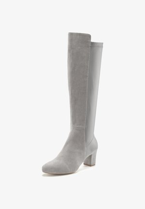 Gray knee-high boot featuring a smooth leather shaft and a soft suede finish. Square heel and pointed toe design for a sleek silhouette.