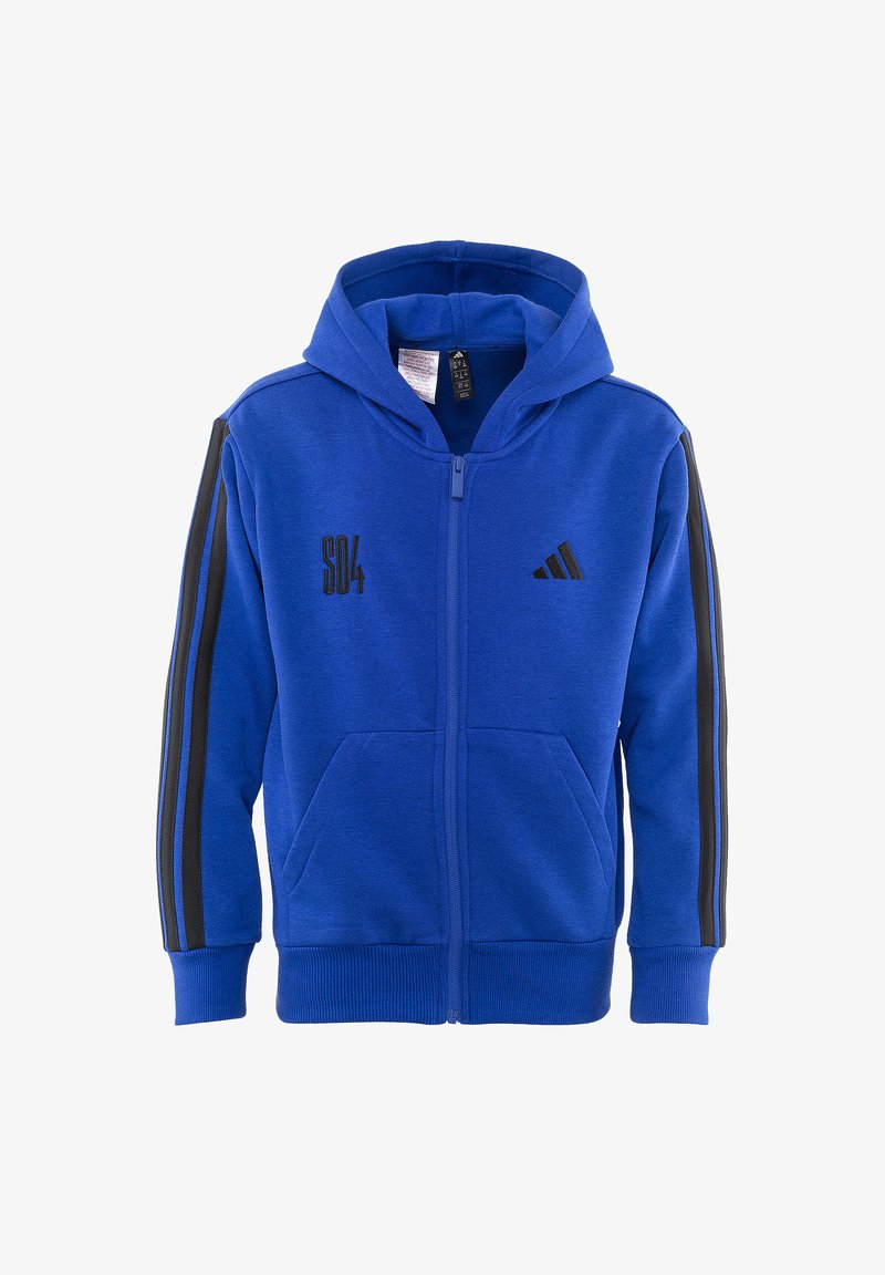 Sweat à capuche bleu zippé avec capuche, bandes noires sur les manches, texte noir "S04" sur le côté gauche de la poitrine et logo trois bandes noir sur le côté droit de la poitrine