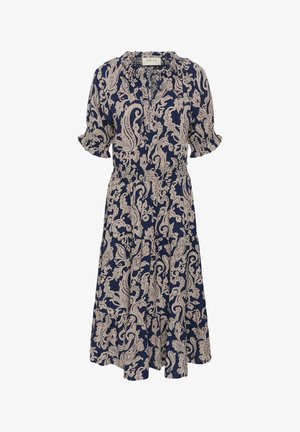 Marineblaues Kleid mit cremefarbenem Paisley-Muster, kurzen Puffärmeln, V-Ausschnitt, elastischer Taille und ausgestelltem Rock. Hergestellt aus leichtem Stoff.