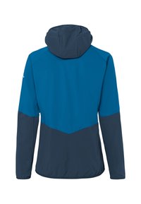 Veste à capuche bleu et marine avec un design coloré, présentant une texture lisse, des manches longues et un design sportif avec un motif en chevron au dos.