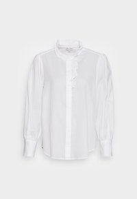 Blusa bianca a maniche lunghe con colletto arricciato, chiusura a bottoni e maniche raccolte. Realizzata in tessuto leggero con una consistenza liscia.