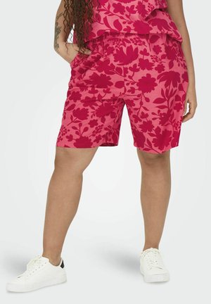 Roze bloemen shorts gemaakt van lichtgewicht stof, met een contrasterend donkerder roze bloemenpatroon, een elastische tailleband en zijzakken.