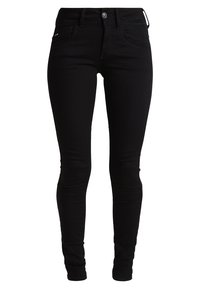 Jeans skinnies negros de denim, con un diseño clásico de cinco bolsillos, trabillas para el cinturón y cierre frontal con botón. Textura suave y elástica.