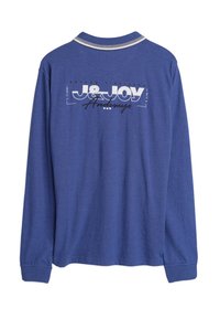 Blauwe overhemd met lange mouwen, gemaakt van zachte katoen, met een ronde hals, mouwen met manchetten en een in wit en zwart gedrukt logo ontwerp op de achterkant.