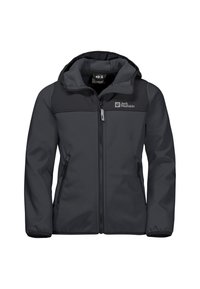 Softshell-jacka, mörkgrå, dragkedja framtill, två sidofickor, avtagbar huva, inre fleecefodring, logotyp på bröstet, slät textur.