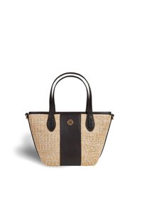 Borsa a tracolla intrecciata in paglia con dettagli in pelle nera, dotata di due manici, una striscia centrale a contrasto e un dettaglio con logo circolare.