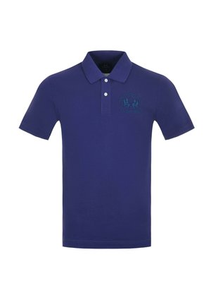 Granatowa koszulka polo z krótkim rękawem, z dwoma białymi guzikami i haftowanym logo gracza polo po lewej stronie klatki piersiowej.