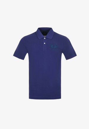 Polo a maniche corte blu navy con due bottoni bianchi e logo del giocatore di polo ricamato sul lato sinistro del petto.