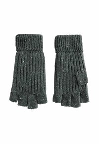 Fingerless gloves in dark gray knit with a ribbed design, featuring a partially covered thumb and speckled detailing throughout.