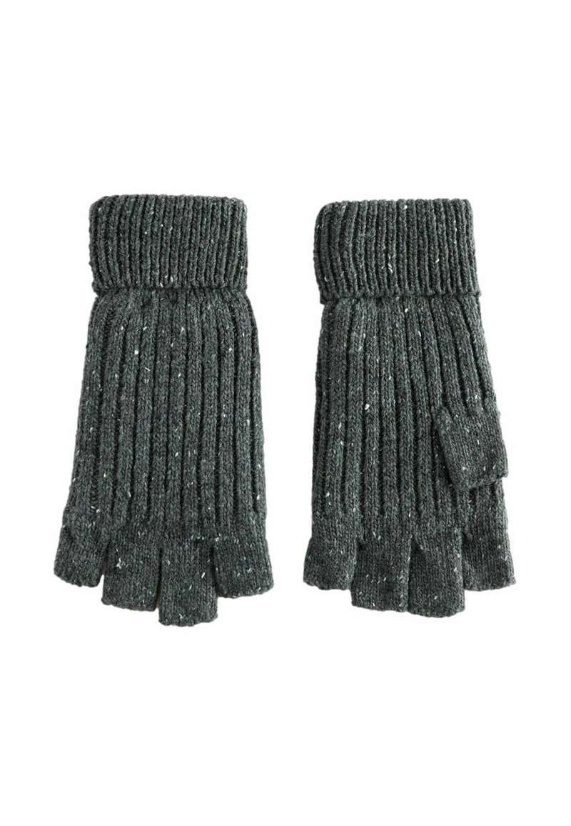 Fingerless gloves in dark gray knit with a ribbed design, featuring a partially covered thumb and speckled detailing throughout.