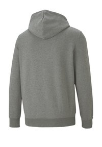 Sudadera con capucha gris, fabricada en una mezcla de algodón. Cuenta con un bolsillo tipo canguro, puños y cinturilla acanalados con una textura suave.