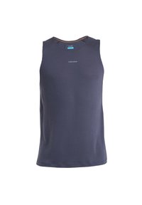 Marineblaue ärmellose Tanktop, texturiert, runder Halsausschnitt, leichtgewichtig, mit einem hellgrauen Logo auf der Vorderseite, keine sichtbaren Akzente.