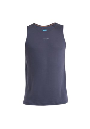 Marineblauwe mouwloze tanktop, gestructureerde stof, ronde halslijn, lichtgewicht, met een lichtgrijze logo op de voorkant, geen zichtbare accenten.