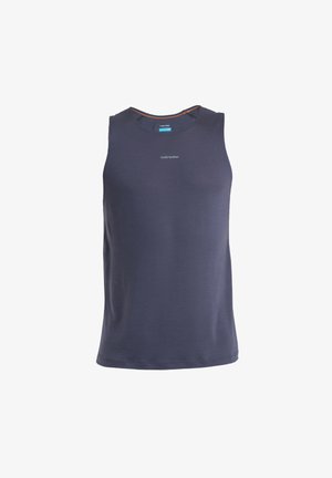 Camiseta sin mangas azul marino, tela texturizada, escote redondo, ligera, con logo en gris claro en el frente, sin acentos visibles.