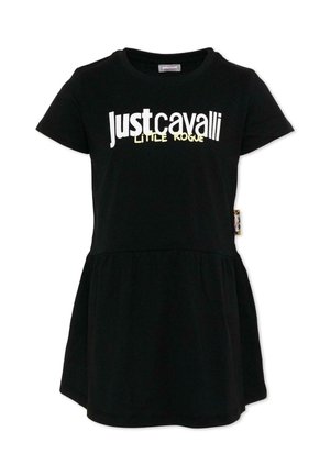 Czarna sukienka z krótkim rękawem, z marszczonym pasem i białym oraz żółtym napisem "Just Cavalli Little Rogue" na piersi.