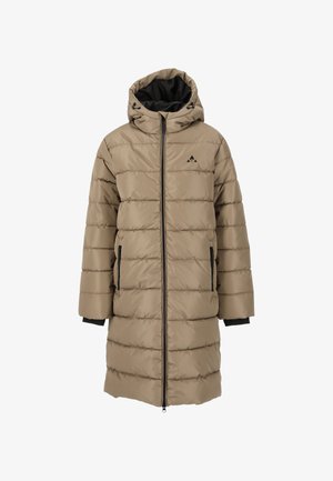 Beige pufferjakke med hætte, der har lynlåslukning, vandret syning, sorte accenter på lommerne og ribbede manchetter.