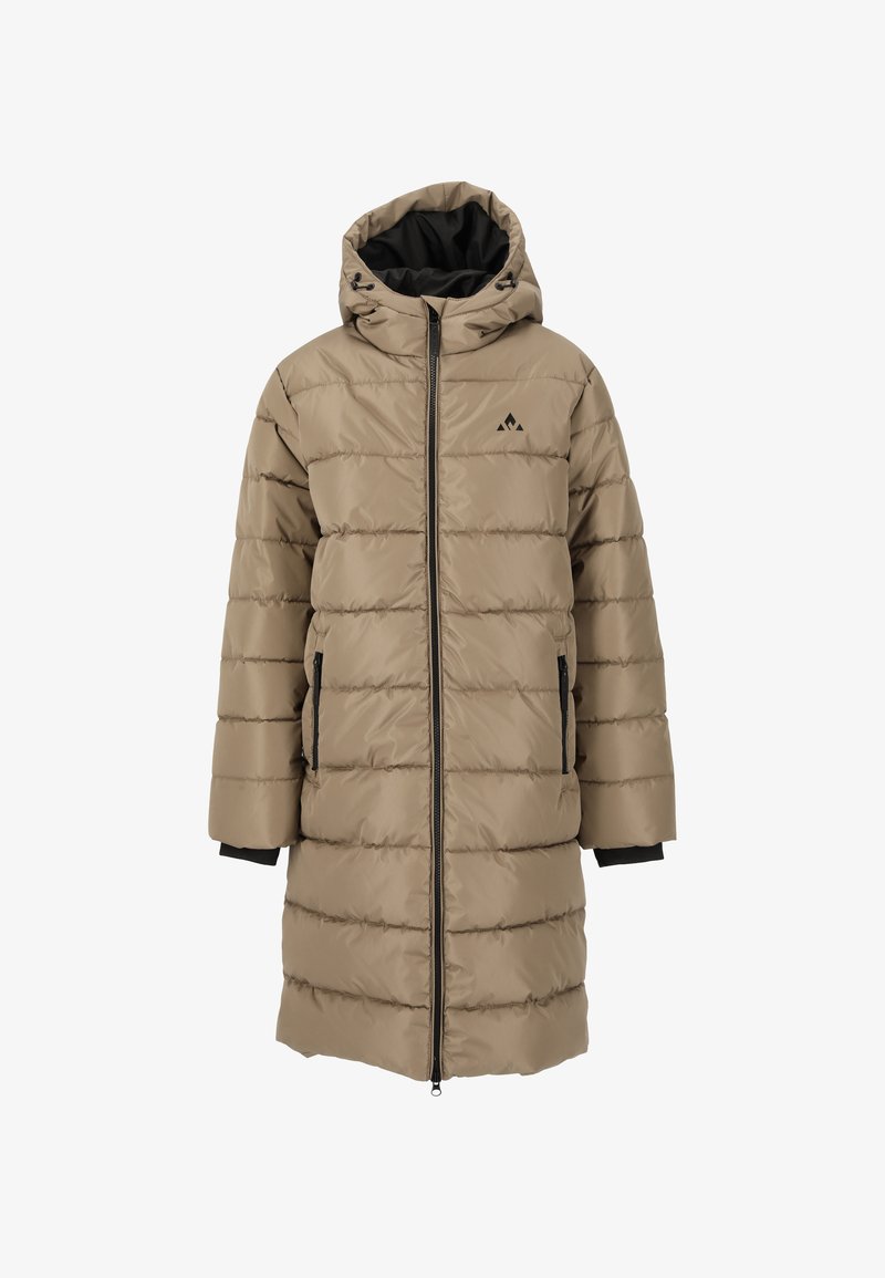 Beige Steppjacke mit Kapuze, ausgestattet mit einem Reißverschluss, horizontalem Steppmuster, schwarzen Akzenten an den Taschen und gerippten Bündchen.