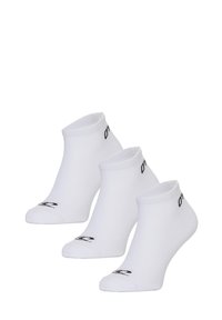 Weiße Knöchelsocken mit einem gerippten Bündchen, drei Paare, mit einem schwarzen Logo in der Nähe der Zehen. Hergestellt aus einem glatten, elastischen Stoff.