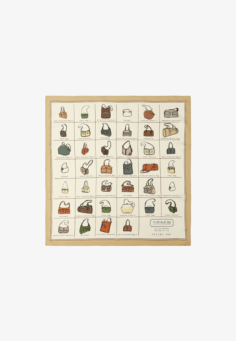 Grille de 36 modèles illustrés de sacs à main avec noms et bordure beige, intitulée "Coach Leatherware Printemps 2026" en bas à droite.