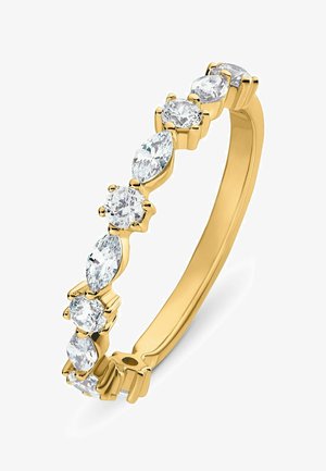 Goldbandring mit abwechselnd runden und marquiseförmigen klaren Edelsteinen in Krappenfassungen rund um die obere Hälfte des Rings.