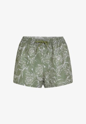 Shorts de bain à motif floral vert, avec taille élastique, cordon ajustable et une texture de tissu légère.
