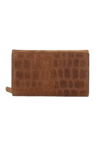 Brown faux leather wallet with a crocodile texture, featuring a rectangular shape and contrasting stitching along the edges.