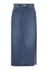 Jupe midi en denim bleu avec fente devant, passants de ceinture, fermeture par boutons et poches.