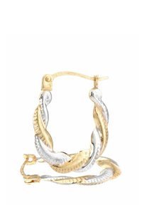 Orecchini a cerchio intrecciati in oro e argento con superfici texture e chiusura sicura, caratterizzati da design intrecciati e finiture lucidate.