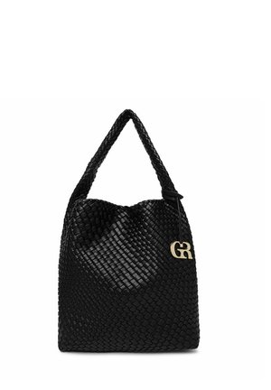 Schwarze Schultertasche aus geflochtenem Leder mit Schlaufenhenkel und einem kleinen goldfarbenen "GR"-Anhänger nahe dem oberen Rand.