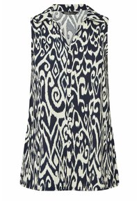 Ärmellose Bluse in Marineblau und Creme mit einem abstrakten Muster, Knopfleiste vorne und einem spitzen Kragen. Leichter Stoff mit glatter Textur.