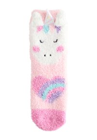 Puszyste różowe skarpetki z motywem twarzy jednorożca, z pastelowymi akcentami i wzorem tęczy. Miękka tekstura i zaokrąglony nosek.