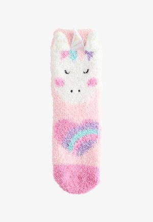 Bløde lyserøde sokker med enhjørningeansigt-design, der har pastelaccenter og et regnbue mønster. Blød tekstur og rund tå.