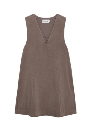 Brown corduroy sleeveless dress with a V-neckline, featuring vertical stripes and clean lines. No visible hardware or embellishments.
