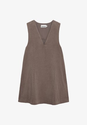 Bruine corduroy mouwloze jurk met een V-hals, voorzien van verticale strepen en strakke lijnen. Geen zichtbare hardware of versieringen.