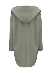 Długi, luźny szary płaszcz z kapturem i długimi rękawami, przedstawiony z tyłu na białym tle.