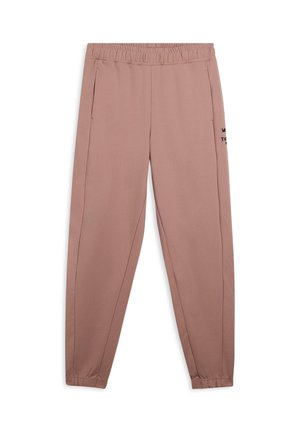 Pantalones de chándal rosa claro con cintura elástica, bolsillos laterales y detalle en texto negro en el muslo izquierdo. Tejido suave con piernas ajustadas.