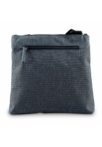 Bolsa de tela gris oscuro con una superficie texturizada, que cuenta con un bolsillo con cremallera en la parte frontal y un cierre con cremallera en la parte superior. Diseño compacto y rectangular.