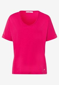 Fuchsiové krátké tričko s kulatým výstřihem a zkroucenými manžetami. Vyrobeno z lehkého materiálu s mírně texturovaným povrchem.