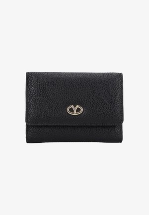 Portafoglio in pelle nera con finitura texture, design pieghevole e chiusura a moschettone ovale in tonalità oro. Forma rettangolare compatta, stile minimalista.