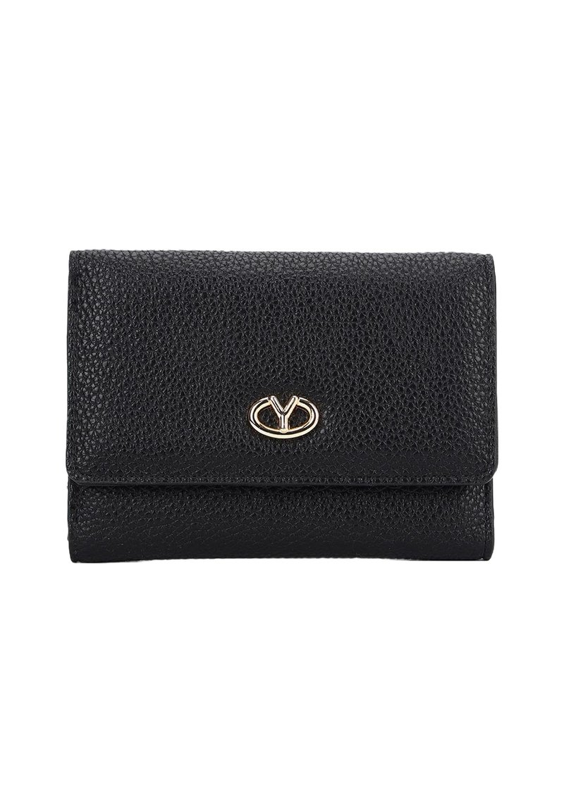Portafoglio in pelle nera con finitura texture, design pieghevole e chiusura a moschettone ovale in tonalità oro. Forma rettangolare compatta, stile minimalista.