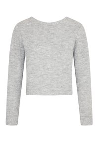 Grauer, gerippter Pullover mit langen Ärmeln und rundem Ausschnitt, der eine weiche Textur und ein cropped Design aufweist. Keine sichtbaren Logos oder Akzente.